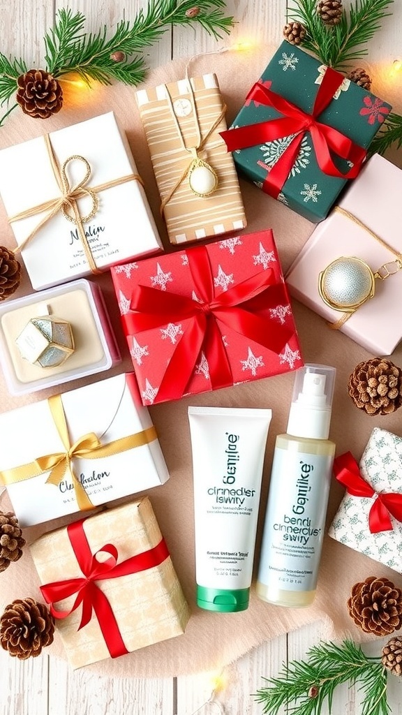 A collection of unique Christmas gifts for women, including jewelry, skincare, and accessories, wrapped in festive decorations.